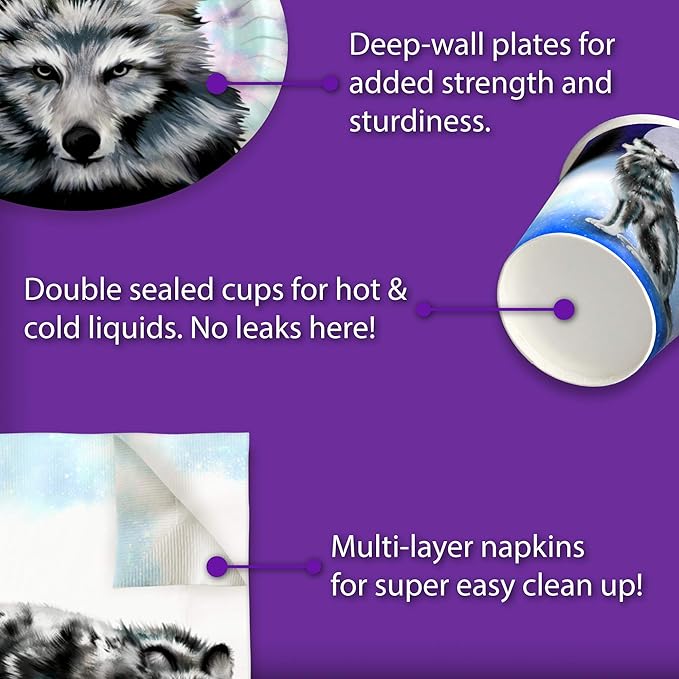 Wolf Birthday Party Supplies Set Plates Napkins Cups Tableware Kit for 16