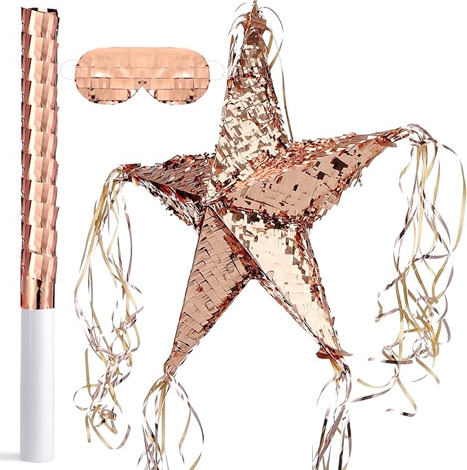 Hanaive Foil Star Piñata with Blindfold and Bat for Birthday Foldable Star Shape Piñata with Stick Festive Fiesta Party Supplies Favors for Mexican Party (Rose Gold)