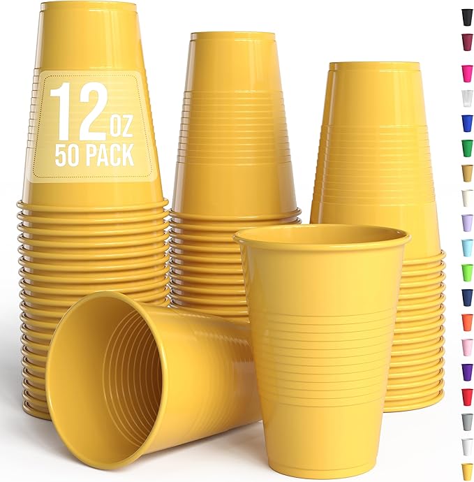 Exquisite Party Solids 12 Oz Yellow Plastic Cups For Party Supplies 50 Pack | Yellow Disposable Cups Plastic | Disposable Drinkware For Parties, Events & Everyday