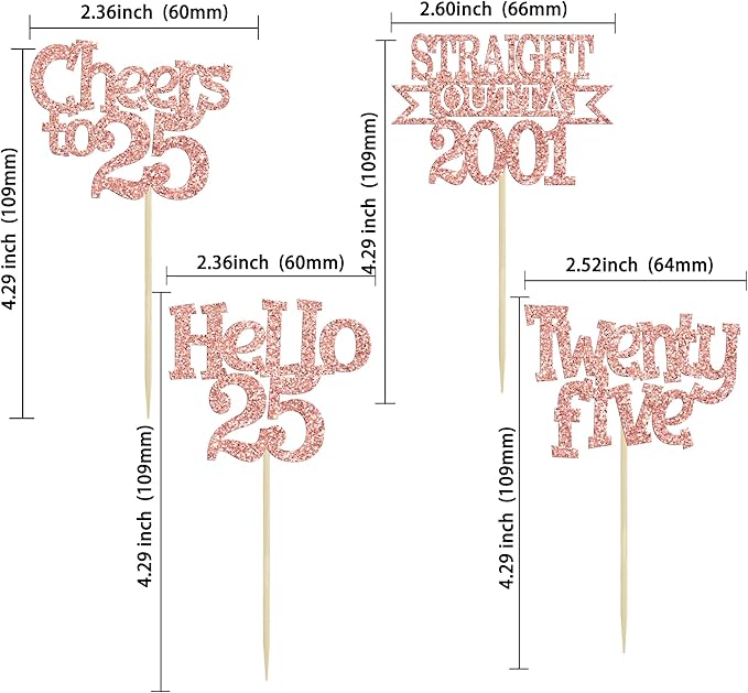 Ephlyn 24Pcs 25th Birthday Cupcake Toppers Glitter Straight Outta 2001 Cupcake Picks Hello 25 Cheers to 25 Years Cake Decorations for 25th Birthday Anniversary Party Decorations Supplies Rose Gold