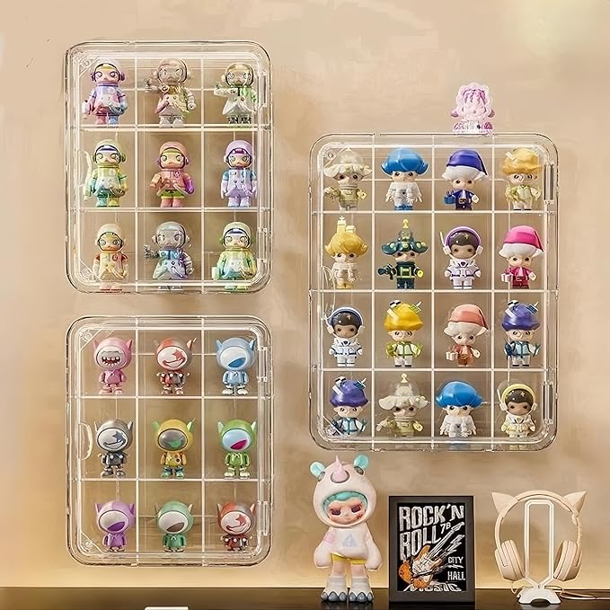 Wall Mount Acrylic Display Case 16-Cell Magnetic Door Shelf for Collectibles, Space-Saving Dust-Proof Showcase w/ Removable Grids (L-16 Cel(15.75x12.2x4.72in))