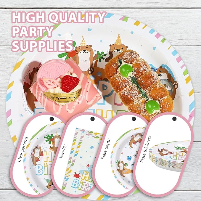 96Pcs Happy Birthday Decorations Otter Birthday Plates and Napkins Under the Sea Otter Decoration Favors for Kids Beach Ocean Animal Themed Bday Baby Shower Party Supplies Serves 24