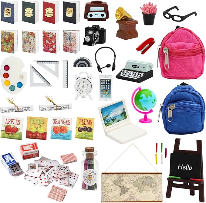 ONEST 46 Pieces Doll House School Supplies Mini School Accessories Dollhouse Home Miniature Model DIY Doll Accessories