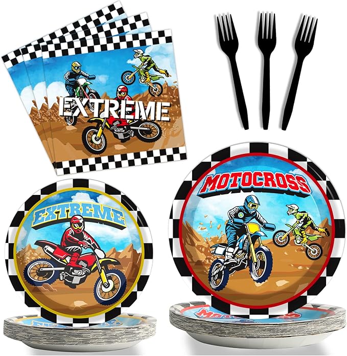 96 Pcs Dirt Bike Motocross Party Tableware Set - Serves 24, Includes Plates, Napkins, Decorations for Boys' Birthday or Baby Shower
