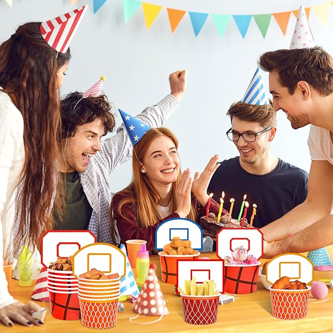 WorldBazaar Basketball Party Supplies Kids 24 Sets Basketball Hoop Snack Cups Paper Snacks Bowl Disposable Ice Cream Bowls Basketball Party Decorations