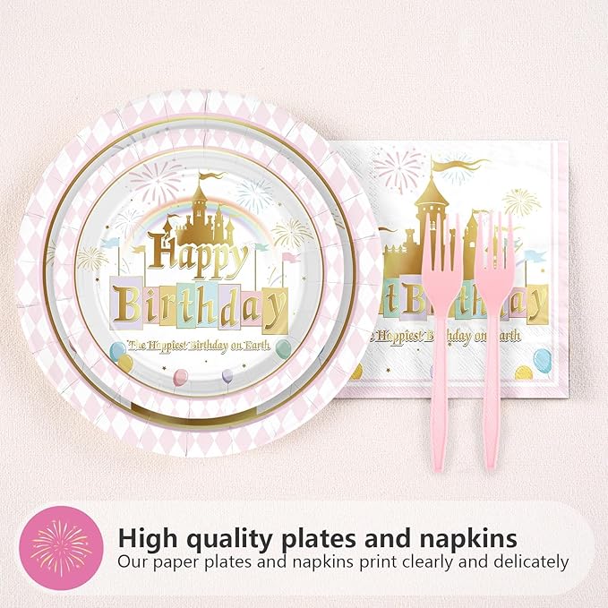 Grencian 96 Pcs Princess Castle Birthday Party Decorations Happy Birthday on Earth Paper Plates Pastel Rainbow Stripes Plates and Napkins Gold Glitter Tableware Set for Girl Baby Shower Supplies