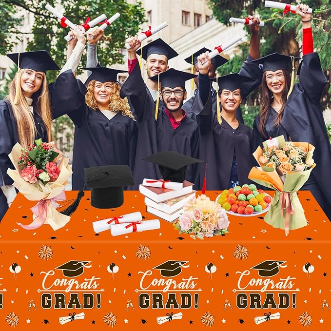 3 Pcs Graduation Tablecloth - Congrats Grad Table Cloth for Class of 2026, Disposable Plastic Rectangle Grad Table Cover for Graduation Party Decorations 2026 and Party Supplies, 54 x 108 Inch,Orange