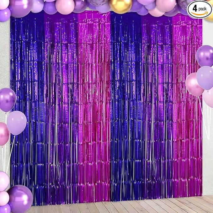 4 Pack Purple Pink Foil Fringe Curtains Streamers Backdrop for Music Themed Party Decorations, Girls Butterfly Birthday Party Decorations Supplies