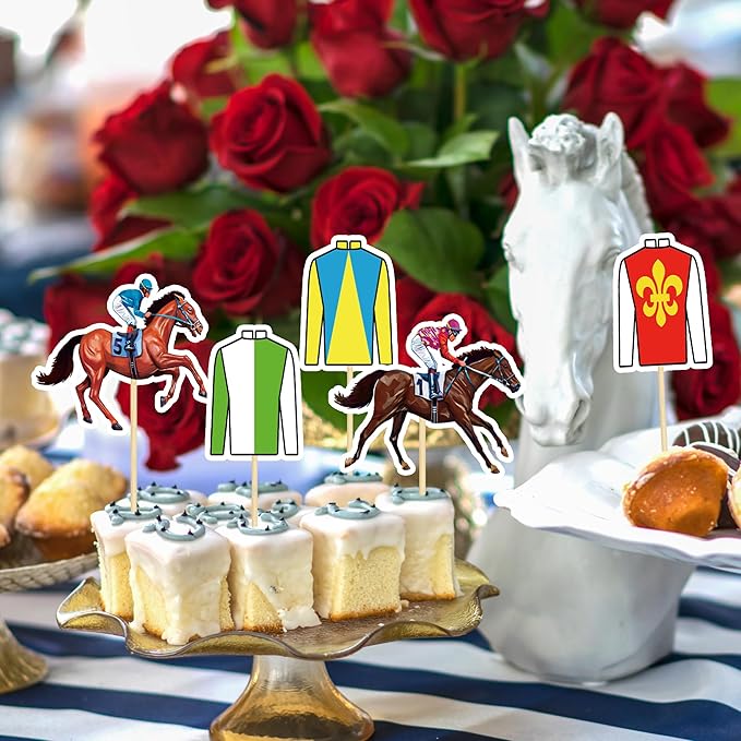 36 PCS Horse Cupcake Toppers, 24 Style Derby Decorations, Clothing Jockey Horse Racing Derby Toothpicks Run for the Rose Cupcake Toppers, Run for the Roses Theme Horse Party Supplies
