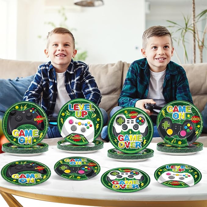 48PCS Video Game Party Paper Plates for Video Game Birthday Themed Party Supplies 7" Boys Gamer kids Disposable Plates Green Gaming Controller Dessert Level Up Plate for Baby Shower Favors Decorations