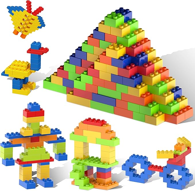 PicassoTiles 200 Piece Large Construction Brick Building Blocks STEM Bricks Toy Set Creative Learning Early Education Playset 5 Colors 4 Unique Shapes Mix & Match Toys for Kids Boys Girls Child Age 3+