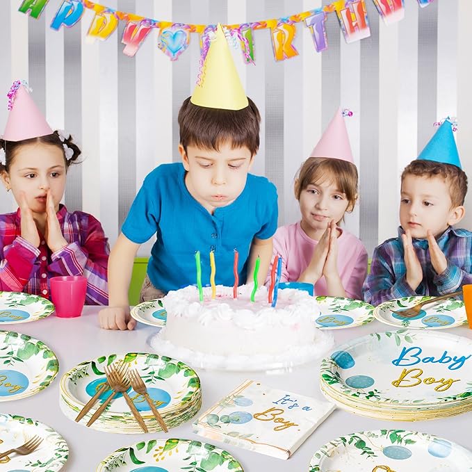 96Pcs It's a Boy Greenery Baby Shower Party Plates Supplies - Sage Green Watercolor Blue Balloon Party Tableware Decorations Disposable Paper Plates Napkins Fork for Birthday, Serves 24 Guests