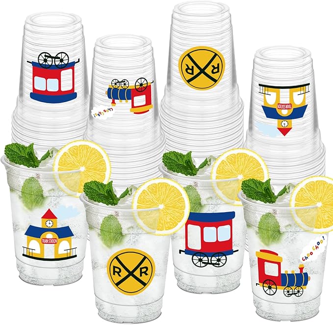 50Pcs Train Theme Party Cups, 12oz Train Plastic Cups for Birthday Party Supplies Table Decorations Favors