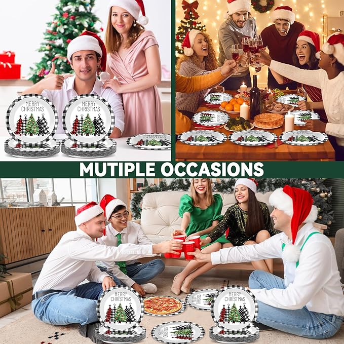 CHUNNIN 50Pcs Christmas Buffalo Plaid Tree Paper Plates 7 Inch Black White Table Decoration Merry Christmas Disposable Dinnerware Xmas Trees Tableware for Xmas Holiday Birthday Party Supplies