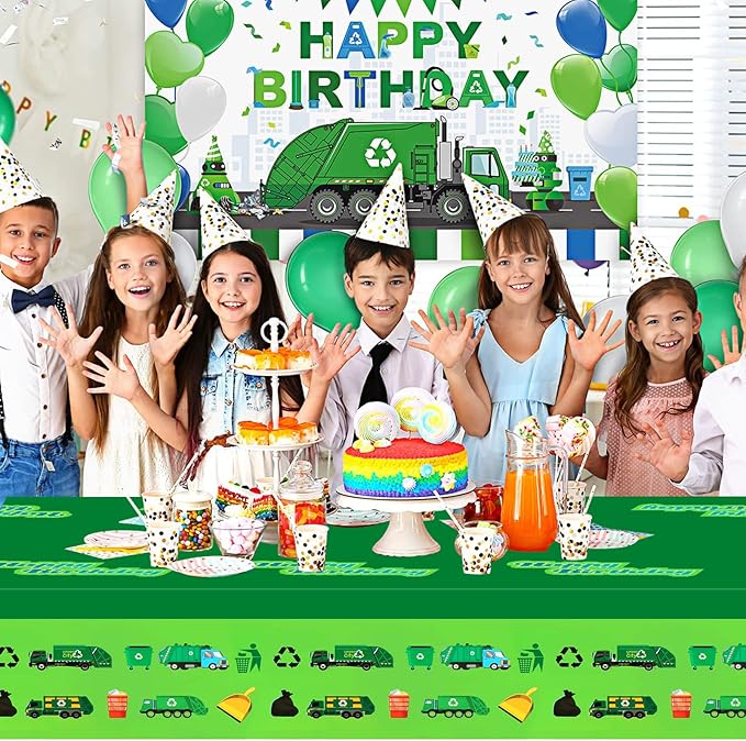 PHOGARY 2 Pack Garbage Truck Tablecloths for Garbage Truck Birthday Party Supplies, Trash Truck Party Table Cover Disposable Plastic Rectangle Table Cloth for Kids Birthday Baby Shower 51" X 86"