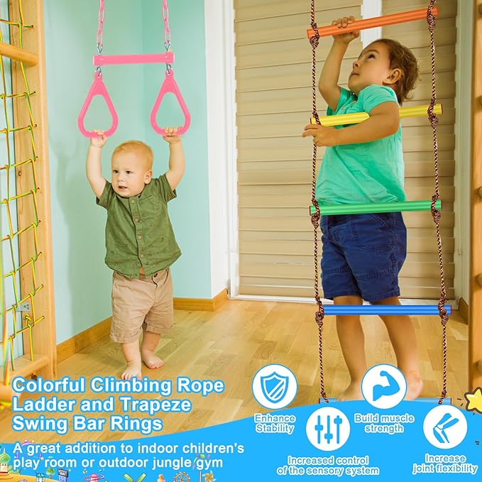 ShinyRelief 2 Pack Gym Swing Sets 48'' Trapeze Swing Bar Monkey Bar Heavy Duty Chain with Locking 6.8ft Climbing Rope Ladder Climbing Game for Accessories Tree House Playground Outdoor Play (Pink)