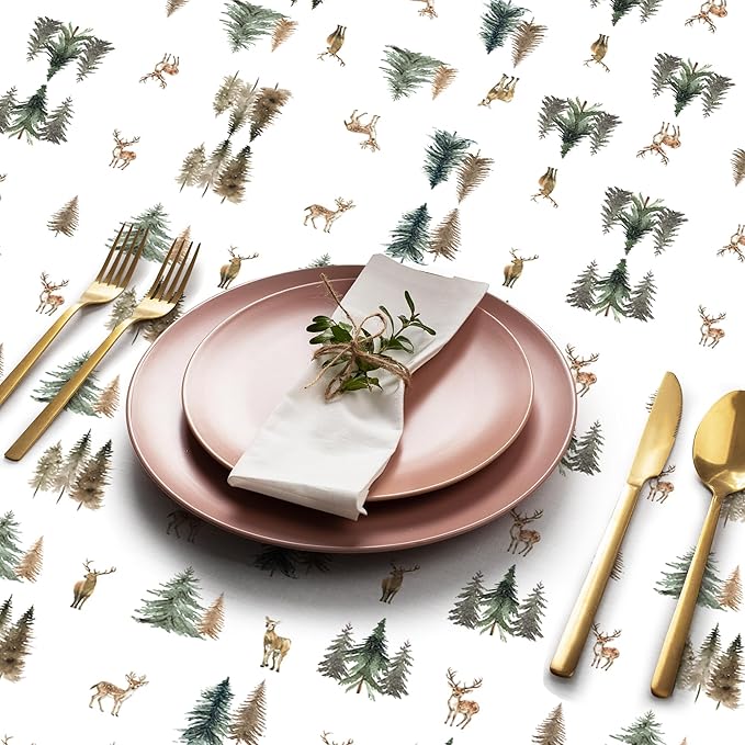 Winter Deer Table Cover - 3Pcs Watercolor Forest Flower Deer Pine Tree Disposable Plastic Rectangle Pack Merry Christmas Xmas Table Cloth Baby Shower Holiday Party Decor Decoration Supplies