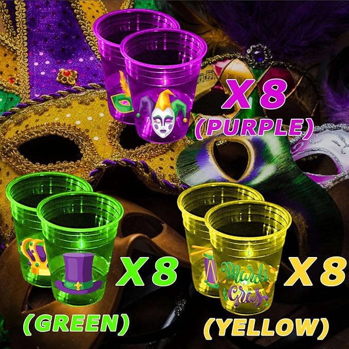 mishunyus 24 Pcs Mardi Gras Glow Cups for Party Theme Mardi Gras Decorations, Party Favors Supplies, Accessories, Carnival Favors, New Orleans Style Party(16 oz)