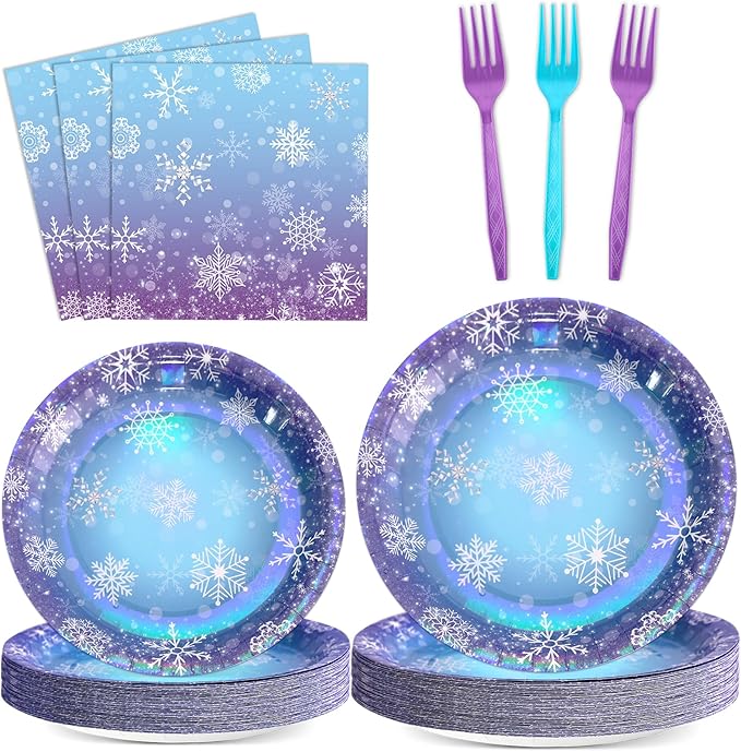 96 Pcs Winter Snowflake Paper Plates and Napkins Blue Purple Snowflake Disposable Tableware Winter Wonderland Dinnerware for Christmas New Year Birthday Party Decor Supplies