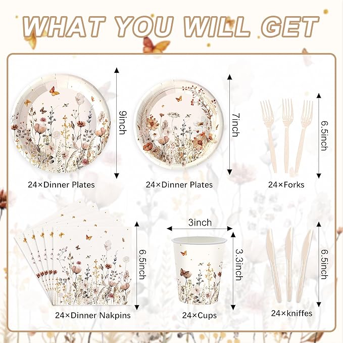 120 PCS Spring Wildflower Party Decorations Birthday Party Supplies Including Plates, Cups, Napkins, Tableware for Wildflower Decorations, 20 Servings