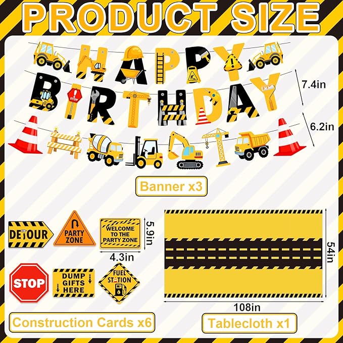 Construction Birthday Banner, Construction Birthday Party Supplies Vehicle Truck Paper Garlands Excavator Birthday Tablecloth for Boys and Girls