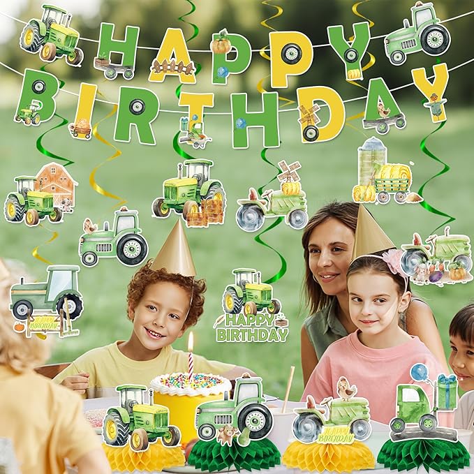 Tractor Birthday Party Decorations Include Tractor Happy Birthday Banners Hanging Swirls Honeycomb Centerpiece Tractor Farm Theme Supplies for Boys