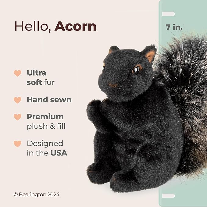 Bearington Acorn Black Plush Squirrel Stuffed Animal - 7" Realistic Soft Squirrel Toy for Kids - Cuddly, Adorable Woodland Creature Gift for Stuffed Squirrels Lovers and Collectors