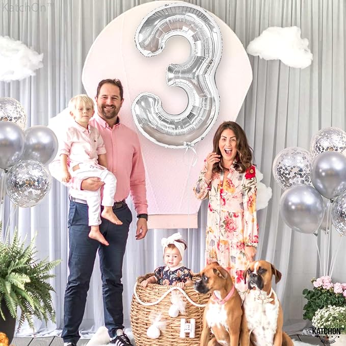 KatchOn, Big Silver Number 3 Balloon - 40 Inch | 3rd Birthday Decorations for Girls & Boys