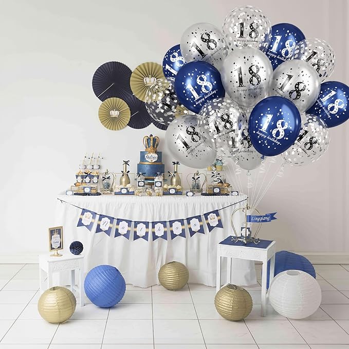 Happy 18th Birthday Balloons for Boys, Navy Blue Silver 18th Birthday Party Decorations for Him, 15 Pieces 18th Balloons for Boys Age 18 Years Old Birthday Celebration Party Decorations Supplies