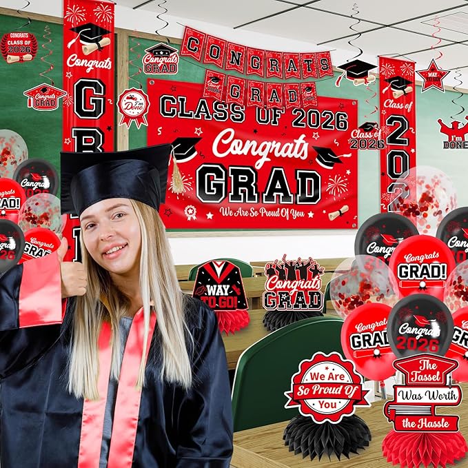 Graduation Decorations Class of 2026 Red and Black Party Decor Set include Congrats Grad Banner Graduation Backdrop Class of 2026 Balloons Party Supplies