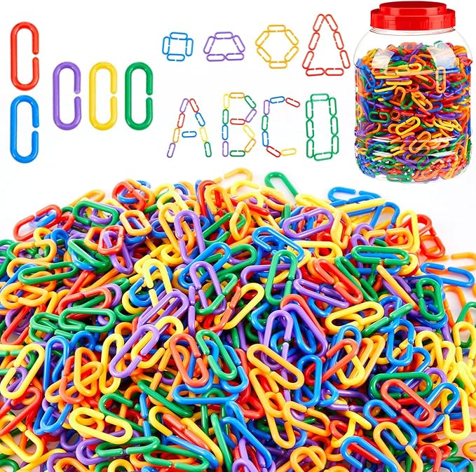 Wettarn Bucket of 1000 Pcs Rainbow C Clip Hooks Chain Links Operation Christmas Plastic Kids Counting Toys Bulk Math Manipulatives Counters for Learning Supplies DIY Education Gifts Fine Motor Skill