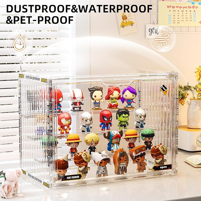 JOYZAN Acrylic Display Cases for Collectibles 4 Packs 4 Layer Adjustable Clear Figure Display Case with Magnetic Door Stackable Collectible Display Box with 3 Movable Plates Blind Box Case - Large