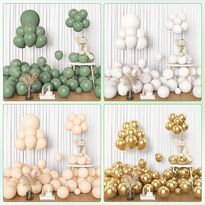 Amandir 153pcs Sage Green Balloon Garland Arch Kit, Different Sizes 18 12 10 5 inch Green Blush Gold Latex Metallic Confetti Gold Balloons for Birthday Baby Shower Wedding Safari Forest Decorations