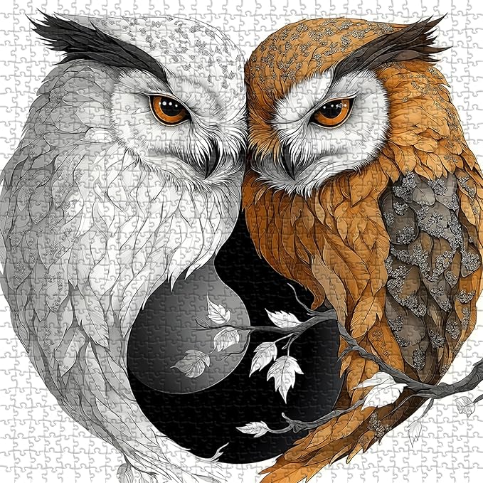 Yin Yang Owl Jigsaw Puzzle 1000 Pieces for Adults,Unique Bird Jigsaw Puzzle Features Dual Owl Balance, Black and White Animal Puzzle,Impossible Owl Home Wall Decor