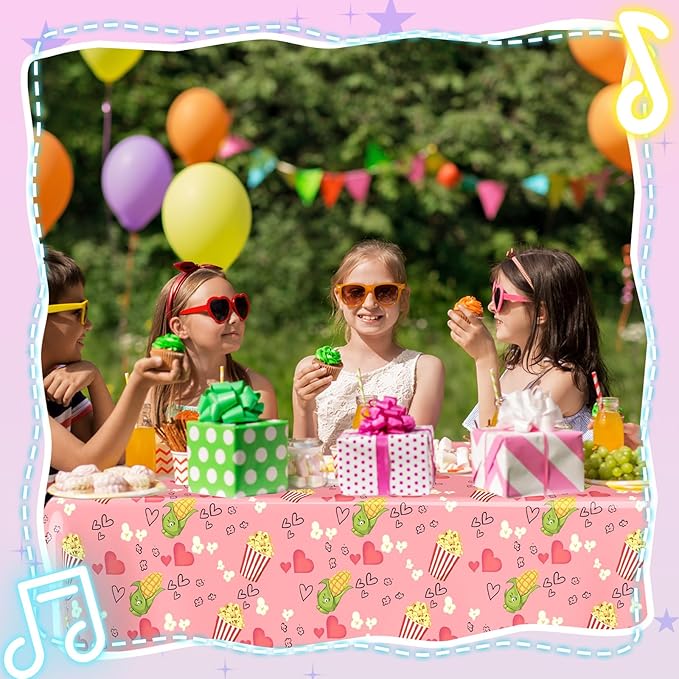 2 Pcs Birthday Party Decorations Plastic Cute Birthday Tablecloth 108 x 54 Inches Disposable Rectangle Tablecover for Boys Girls Kids Baby Shower Party Supplies (Popcorn Pop)