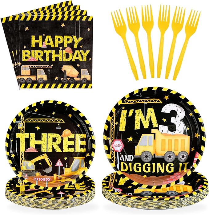 96 Pcs Construction 3rd Birthday Party Supplies 350 GSM Construction Plates Napkins Forks Tableware Set Excavator 3rd Birthday Decorations for Boys Dump Truck Theme 3 Year Old birthday Decor Serves 24