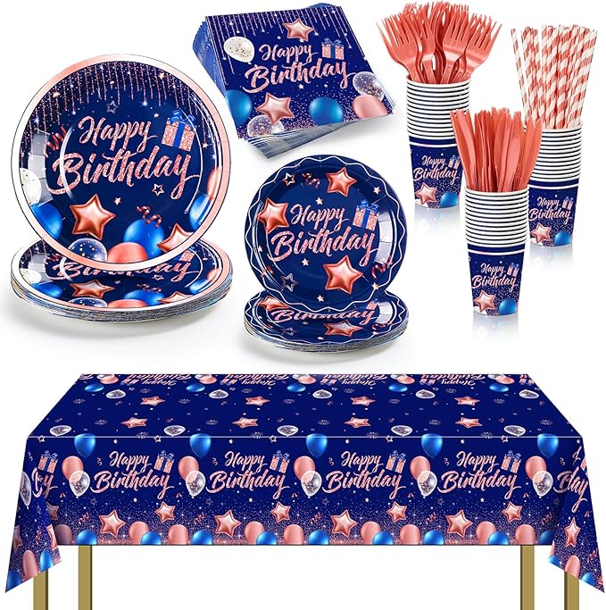 Norme 176 Pcs Navy Blue and Rose Gold Birthday Tableware Set Birthday Decoration Includes Tablecloth Paper Plates Napkins Paper Cups Forks Knifes and Straws for 25 Guests Party Supplies (Bright)