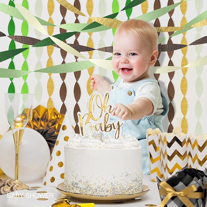 AOYOO 5 Rolls Crepe Paper Streamers - Sage Olive Green, Gold & Ivory Party Decorations for Wedding, Bridal Shower, Engagement, Boho Eucalyptus Birthday Backdrop St. Patrick's Day (Not Fabric Ribbon)