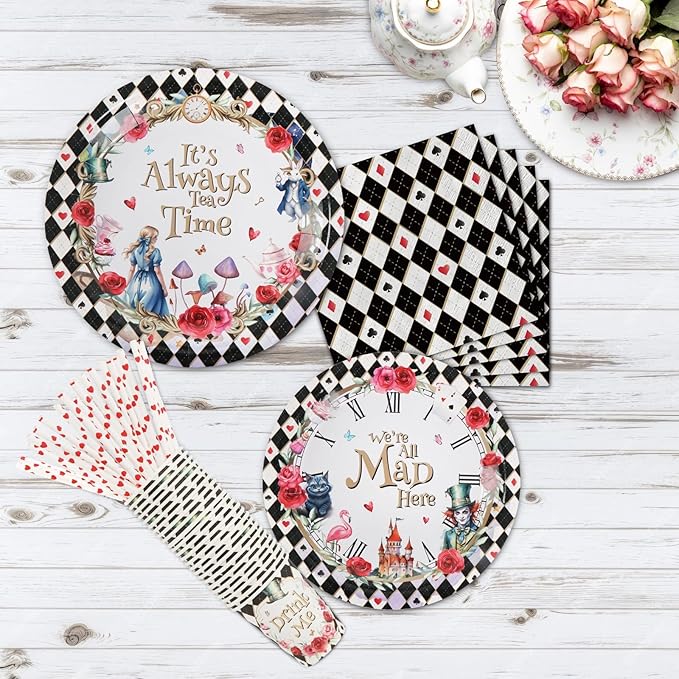 Alice in Wonderland Birthday Party Decorations, 120Pcs Tea Themed Party Supplies Tableware Includes Paper Plates, Napkins, Cups and Straws, Serves 24
