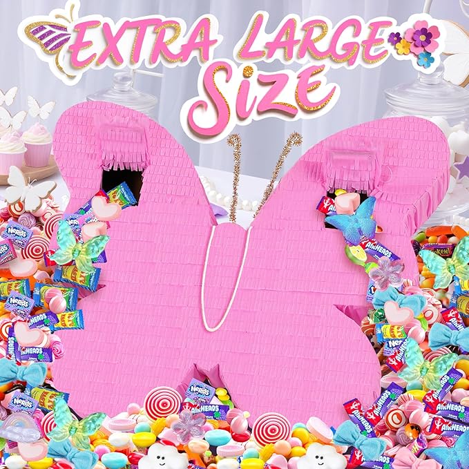 27" Extra Large Butterfly Pinata with Stick and Blindfold for Themed Party Decoration, Spring Party Supplies