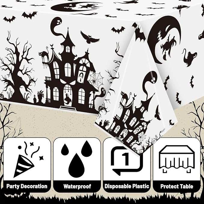 Halloween Haunted House Tablecover - 3 Pack 86 * 51inch Disposable Waterproof Rectangle Plastic Covers, Creepy Gothic Print for Halloween Parties, Kids’ Birthdays, Picnics & Camping Decor