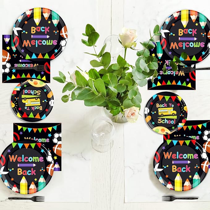 gisgfim 96 Pcs Back to School Party Plates and Napkins Party Supplies School Season Tableware Set Back to School Party Decorations Favors for Kids Serves 24