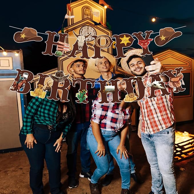 Western Cowboy Theme Wild West Party Decoration,Pre-Strung Happy Birthday Banner,Retro Horse Rodeo Party Supplies for Boys,Cowboy Hat Horses Garland for Boys Birthday Party