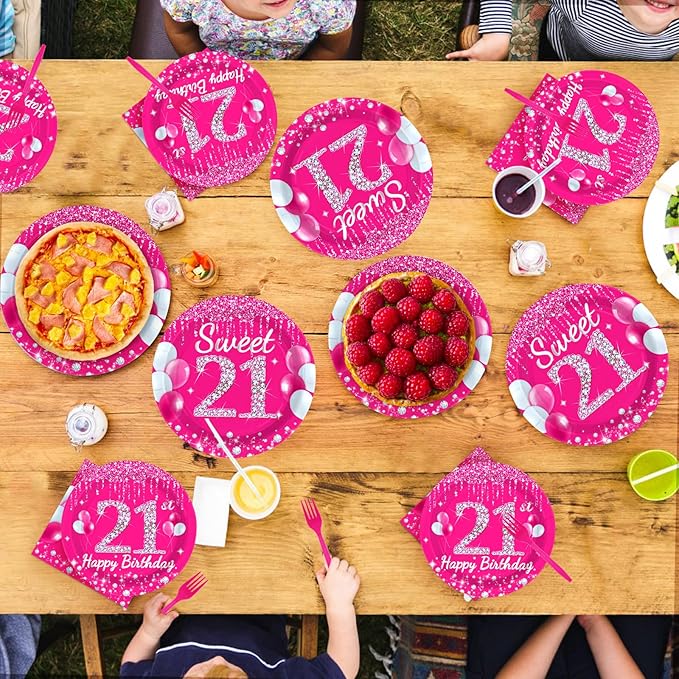 96Pcs 21st Birthday Party Supplies 350 GSM Hot Pink Sweet 21 Plates and Napkins Tableware Sets Happy 21st Birthday Decorations for Girls Women Finally Legal 21 Years Old Party Favors, Serves 24