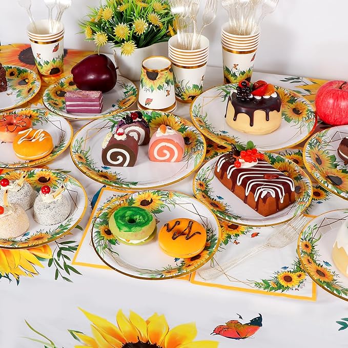 Sunflower Party Supplies, Disposable Plates, Cups, Napkins and Cutlery for Birthday, Bridal Shower, Sunflower Party Decorations Serves 24