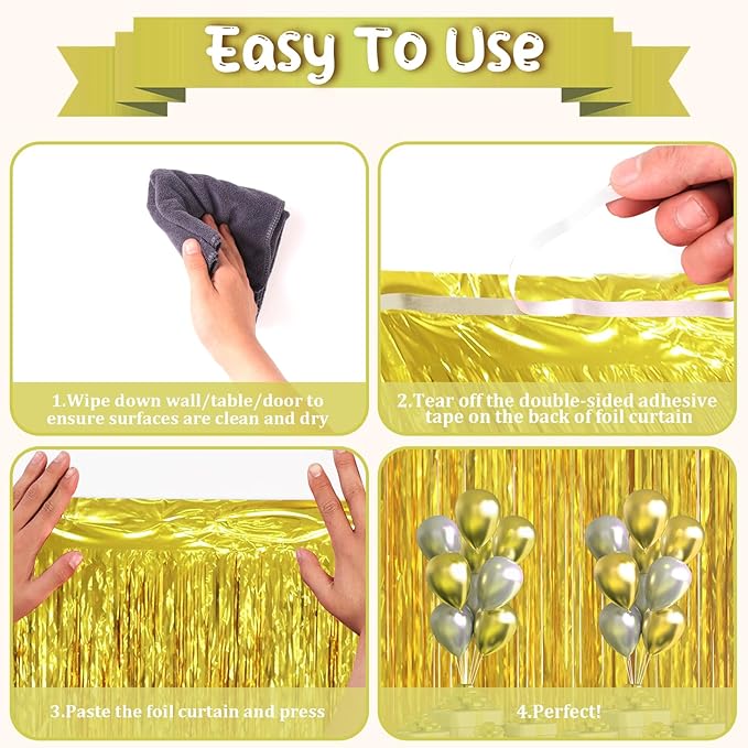 3.3 x 6.6 ft Foil Fringe Backdrop Curtains, Tinsel Streamers Party Decorations, Fringe Backdrop for Birthday, Baby Shower, Gender Reveal, Graduation (6, Gold)