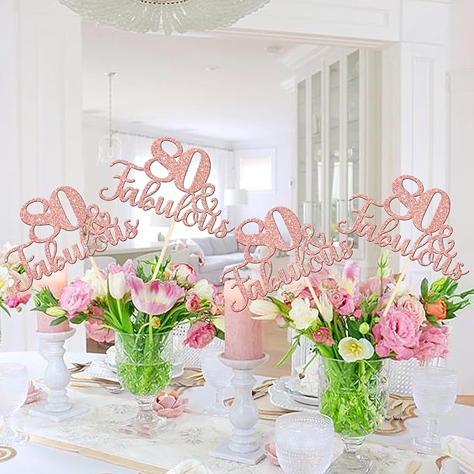 12 PCS 80 and Fabulous Centerpiece Sticks Double Sided Happy 80th Birthday Table Flower Centerpieces Sticks Cheers to 80 Floral Decorations for 80th Birthday Anniversary Party Supplies Rose Gold