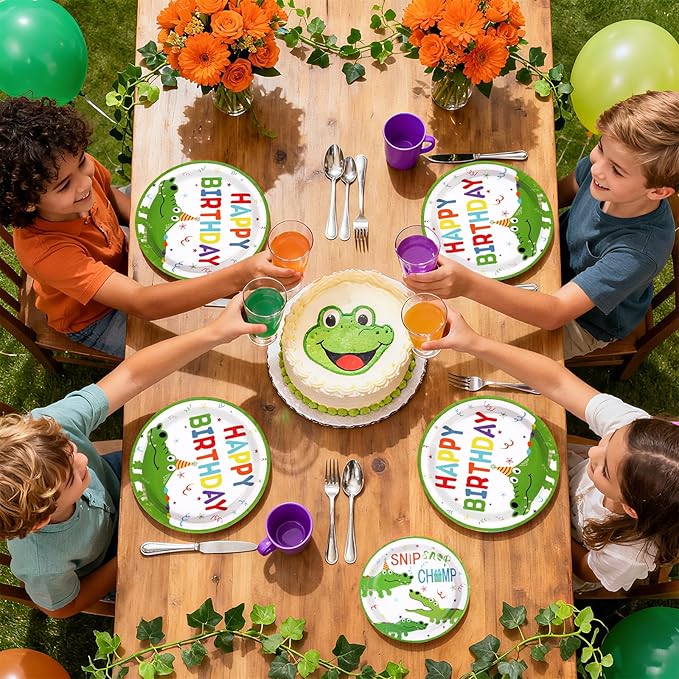 96Pcs Crocodile Birthday Party Supplies Reptile Crocodile Plates and Napkins Green Alligator Animal Theme Tableware Set for Kids Boys Jungle Safari Swamp Birthday Party Supplies，Serves 24