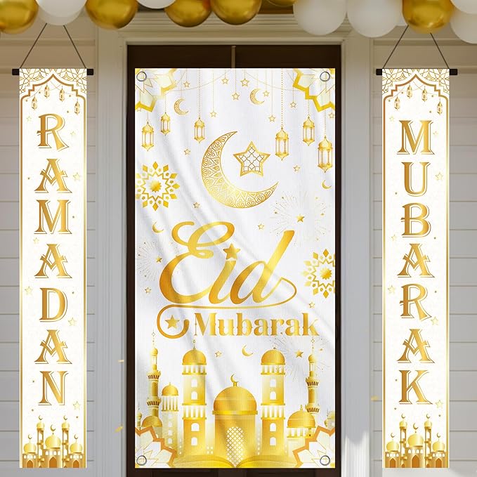 Eid Mubarak Banner Decoration, Ramadan Mubarak Door Cover Banner Decoration for Home, Gold Moon Castle Outdoor Wall Hanging Banner Decor for Holiday Party Supplies