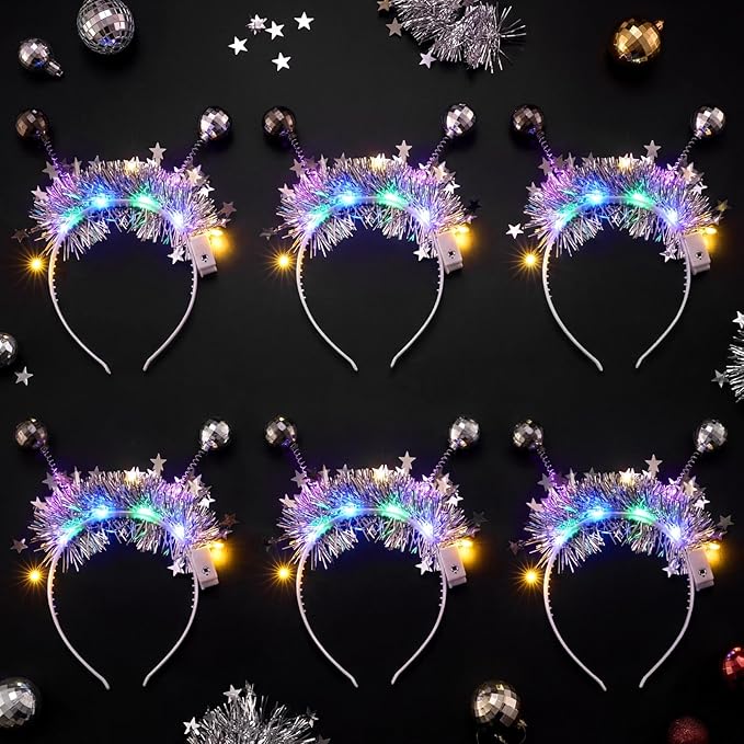 Juexica 6 Pack Disco Party Supplies, Silver LED Disco Headband for Glow Party Headwear Costume Accessories